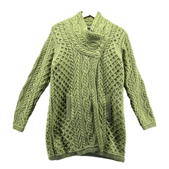 Aran Crafts Ireland Merino Wool Long Cardigan Sweater Size S Chunky Knit Green - Picture 2 of 9